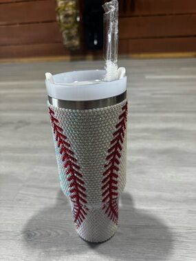 White and Red Rhinestone Baseball Tumbler - Unbranded
